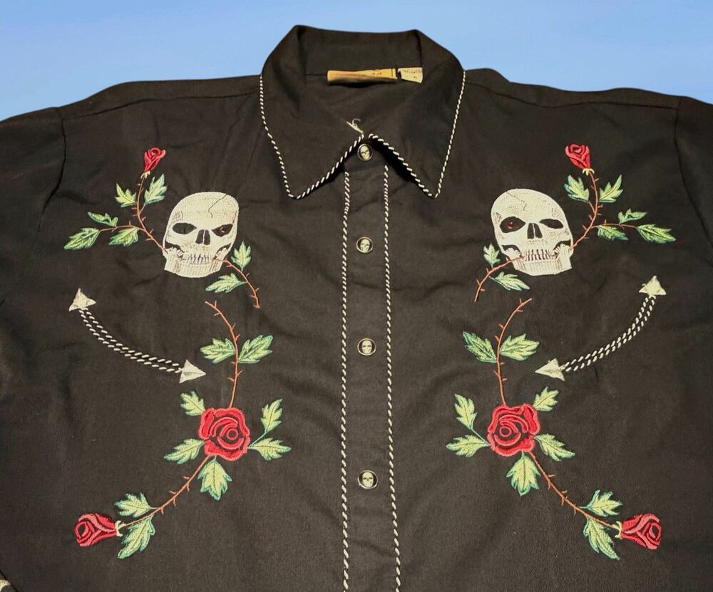 Scully Men Western Embroidered Skulls Roses Snap Shirt Sz XL Rockabilly Cowboy